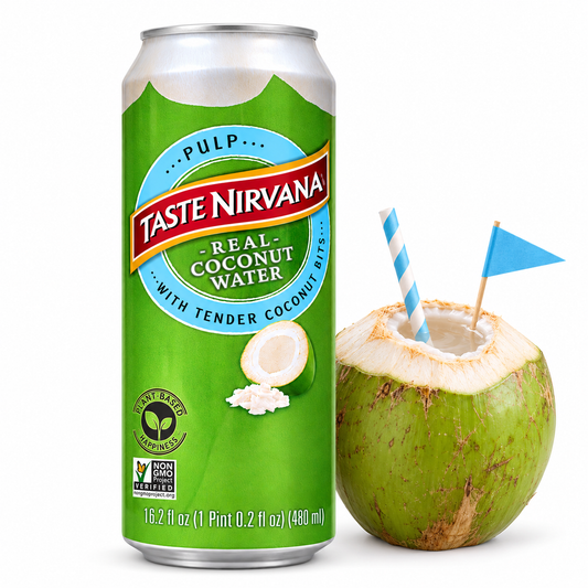 Taste Nirvana Coconut Water with Pulp, Real Coconut Water with Tender Coconut Bits, Product of Thailand, 16.2 fl oz Cans, Pack of 12