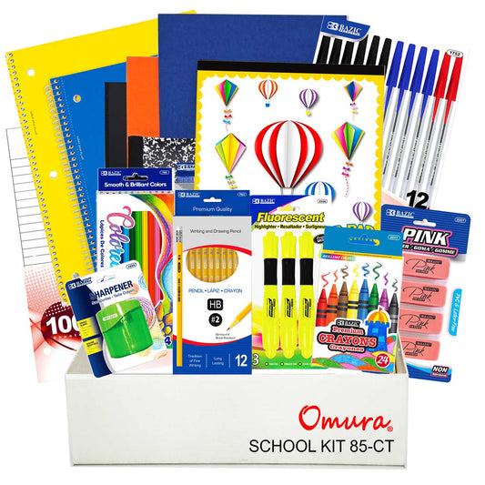 OMURA Learning | Elementary School Back-to-School Supply Box – 85-Count Essential Classroom Set– with Notebooks, Ruler, Pens, Markers & More 📚