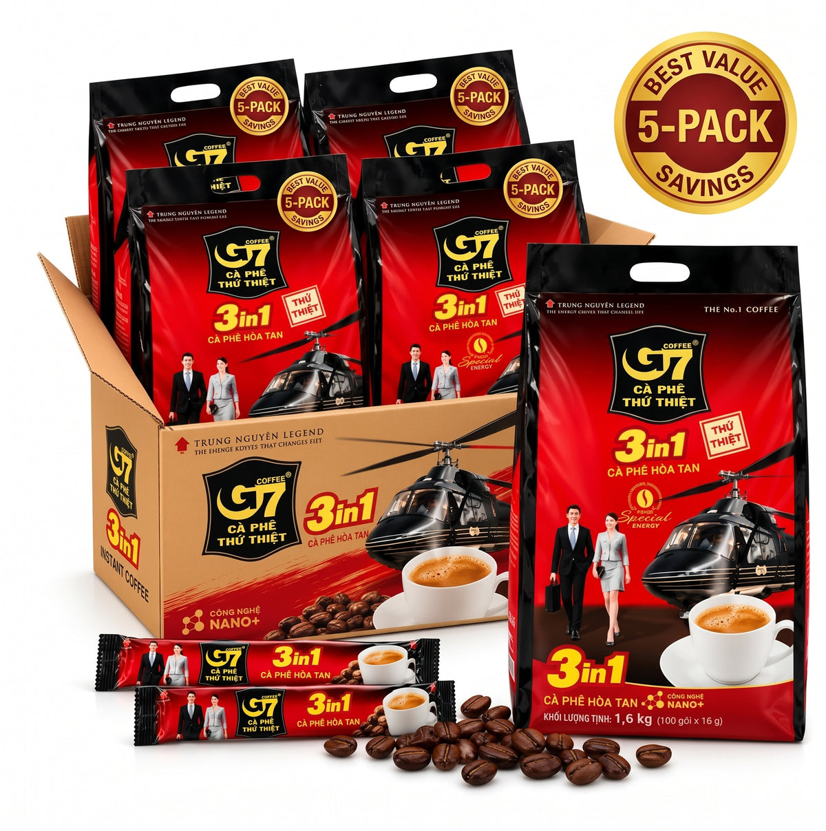 Trung Nguyen G7 3-in-1 Instant Premium Vietnamese Coffee, 100 Servings/Sticks x 16g