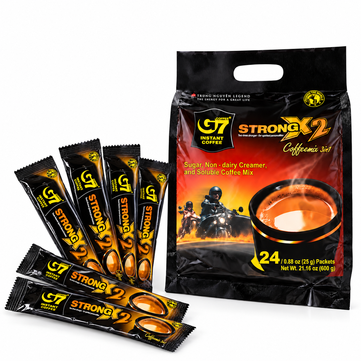 Trung Nguyen G7 3-in-1 Strong X2 Instant Coffee – Vietnamese Coffee Energy Boost (24 Sticks/Bag)