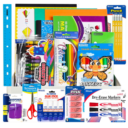 OMURA Learning for Primary Grades K-2 Back-to-School Supply Box 56-CT Essential Set with Composition Books Ruler Crayons Markers Glue Sticks Scissors Perfect Gift for Students