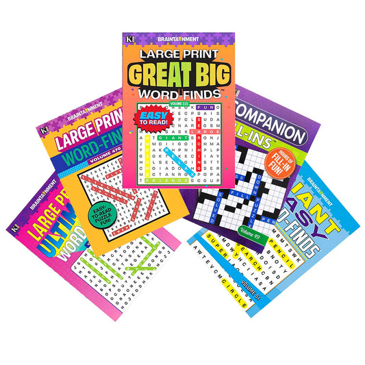 Omura Puzzles - Collection of 5 Variety Puzzle Books Including LARGE PRINT Great Big Word Finds & Companion Fill-Ins 10.75 x 7.75 Inches