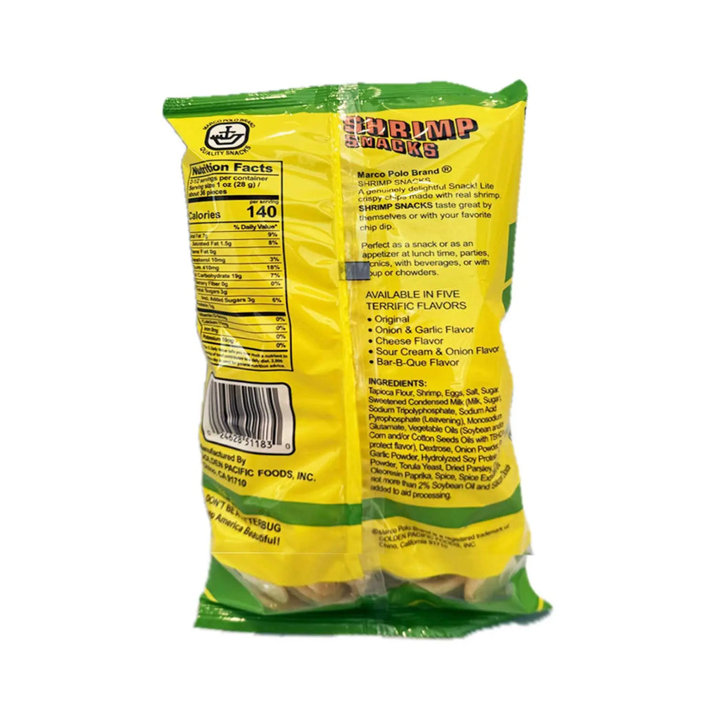 Marco Polo Shrimp Snacks | 3 Pack (2.5oz/71g Each) | Crispy Real Shrimp Chips – Original, BBQ, Sour Cream & Onion, Garlic & Onion, Cheese Omura Products