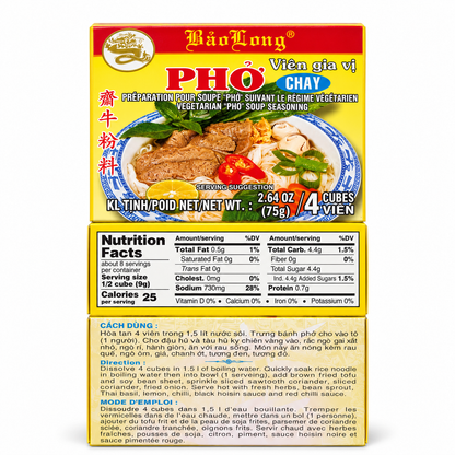 Bao Long Pho Chay Vegetarian Pho Seasoning Cubes | 4-Pack | 4 Cubes per Box, 16 Cubes Total, 2.64 oz (75 g) Each