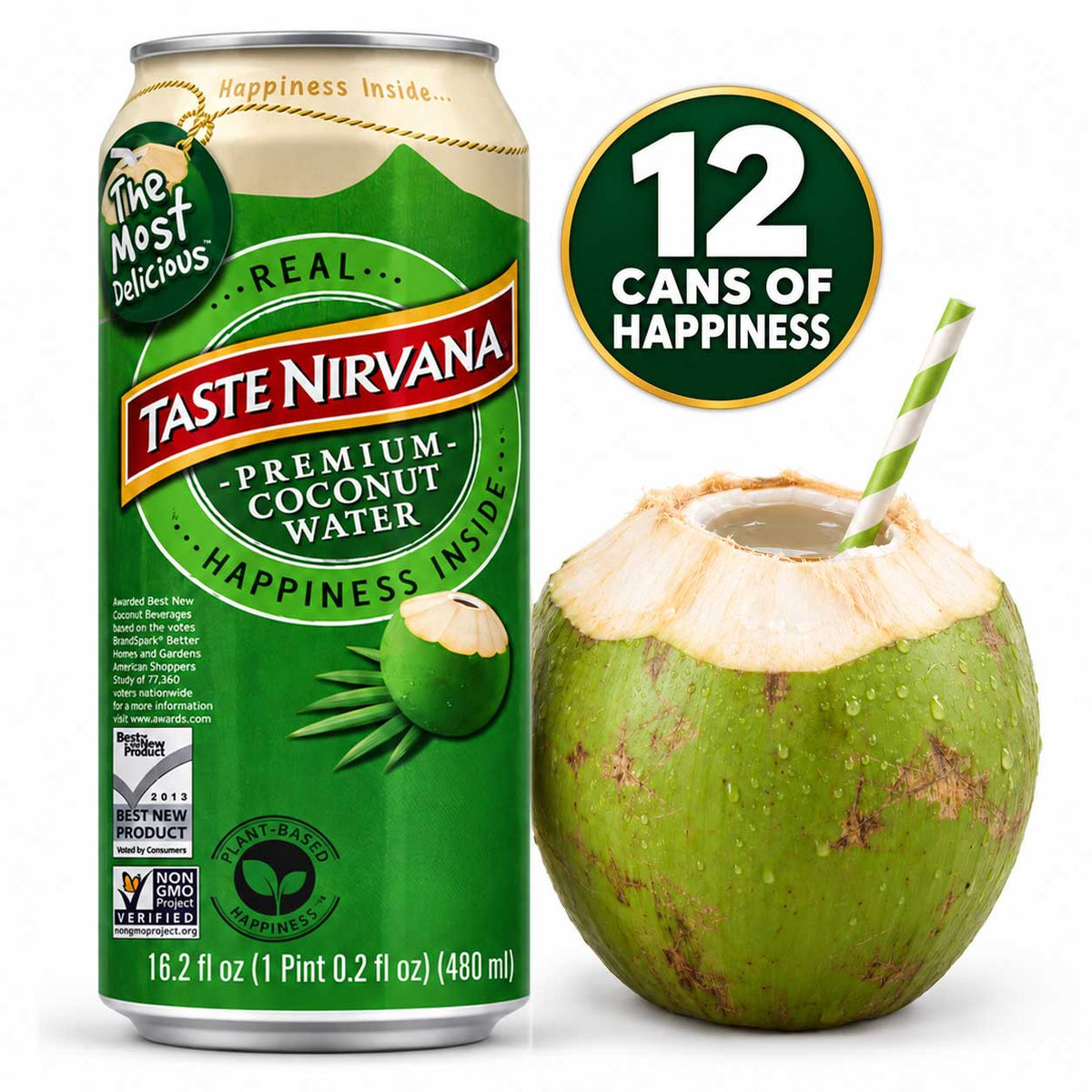 Taste Nirvana Premium Coconut Water, 16.2 fl oz (480 mL) Cans, Pack of 12