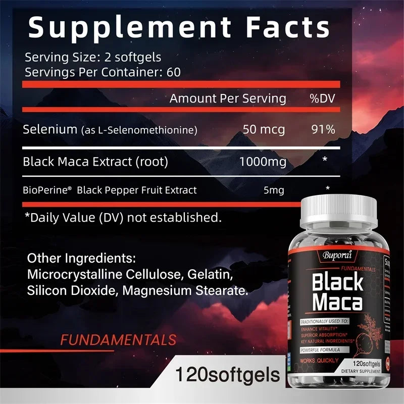 Black Maca Supplement 1000mg – Natural Energizer ⚡ Boost Performance, Vitality, Endurance & Hormone Balance | With BioPerine & Selenium | 120 Capsules