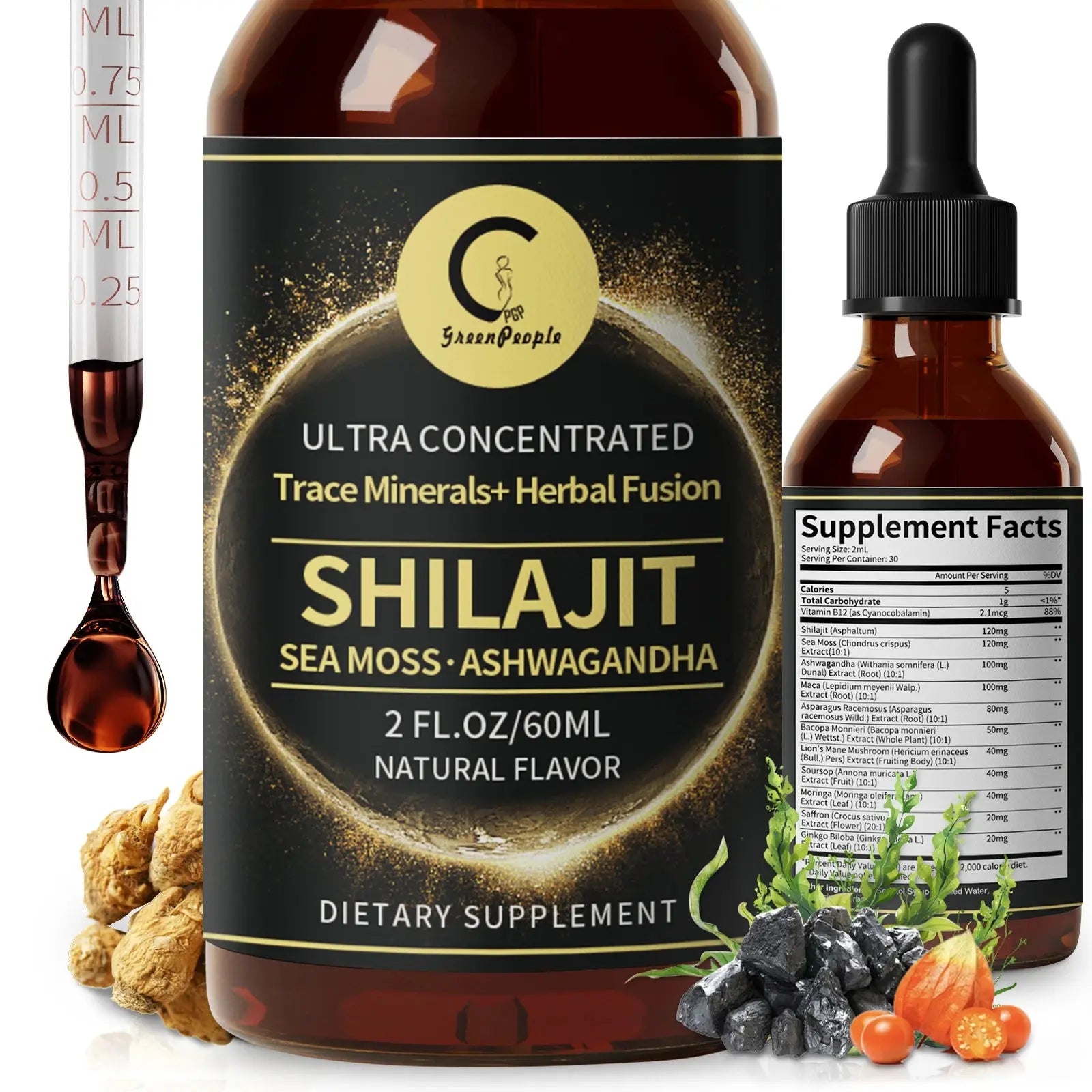 🌿 Shilajit Liquid Drops with Sea Moss, Ashwagandha, Maca & Moringa | Trace Minerals + Herbal Fusion | 60ML Natural Energy & Wellness Support Omura Products