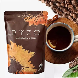 Rye Mushroom Coffee package with a cup of coffee and coffee beans on a wooden surface