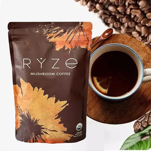 Rye Mushroom Coffee package with a cup of coffee and coffee beans on a wooden surface