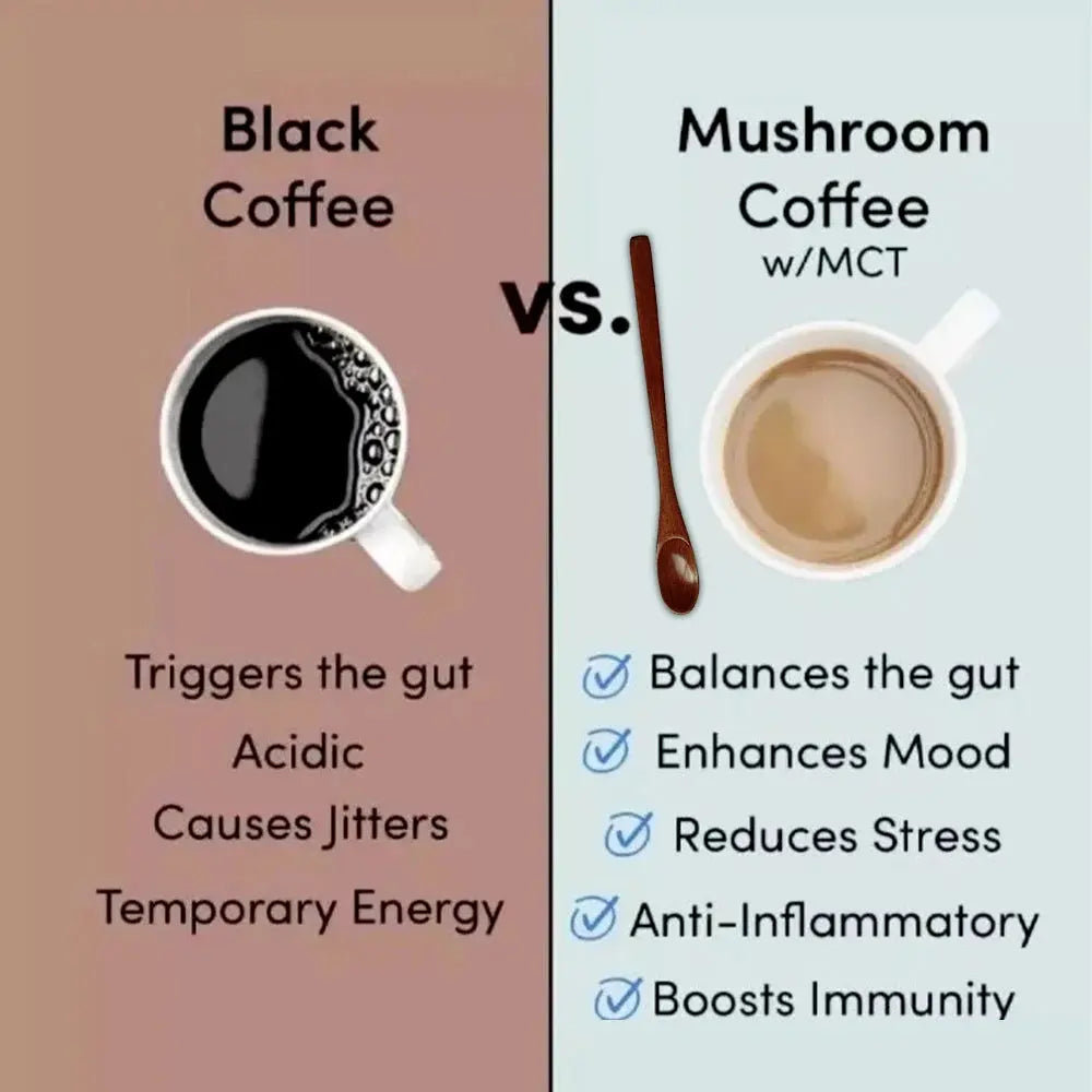 Comparison chart between black coffee and mushroom coffee with MCT, highlighting benefits and drawbacks.