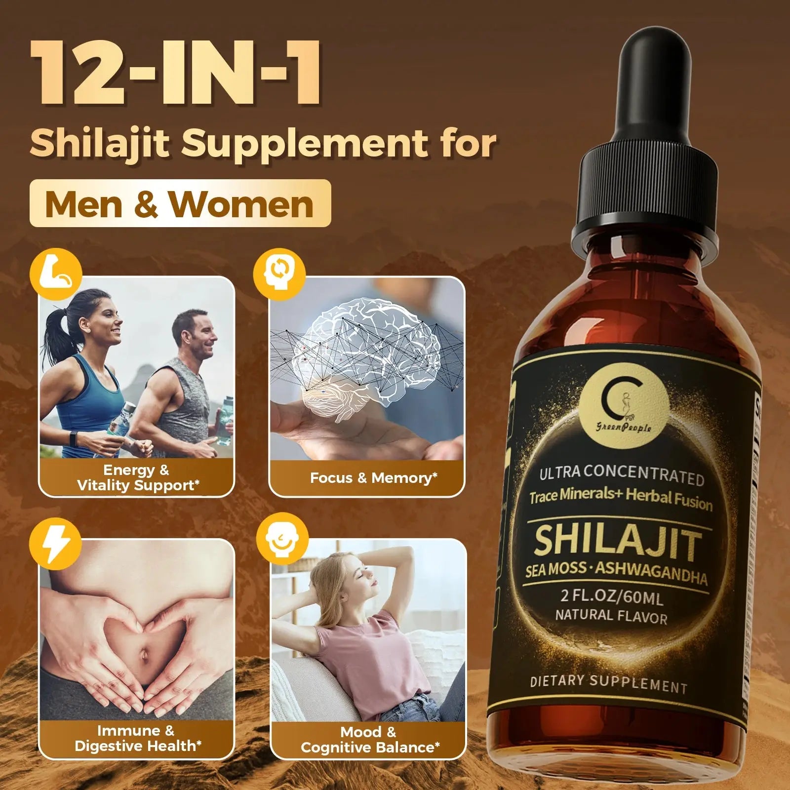 🌿 Shilajit Liquid Drops with Sea Moss, Ashwagandha, Maca & Moringa | Trace Minerals + Herbal Fusion | 60ML Natural Energy & Wellness Support Omura Products