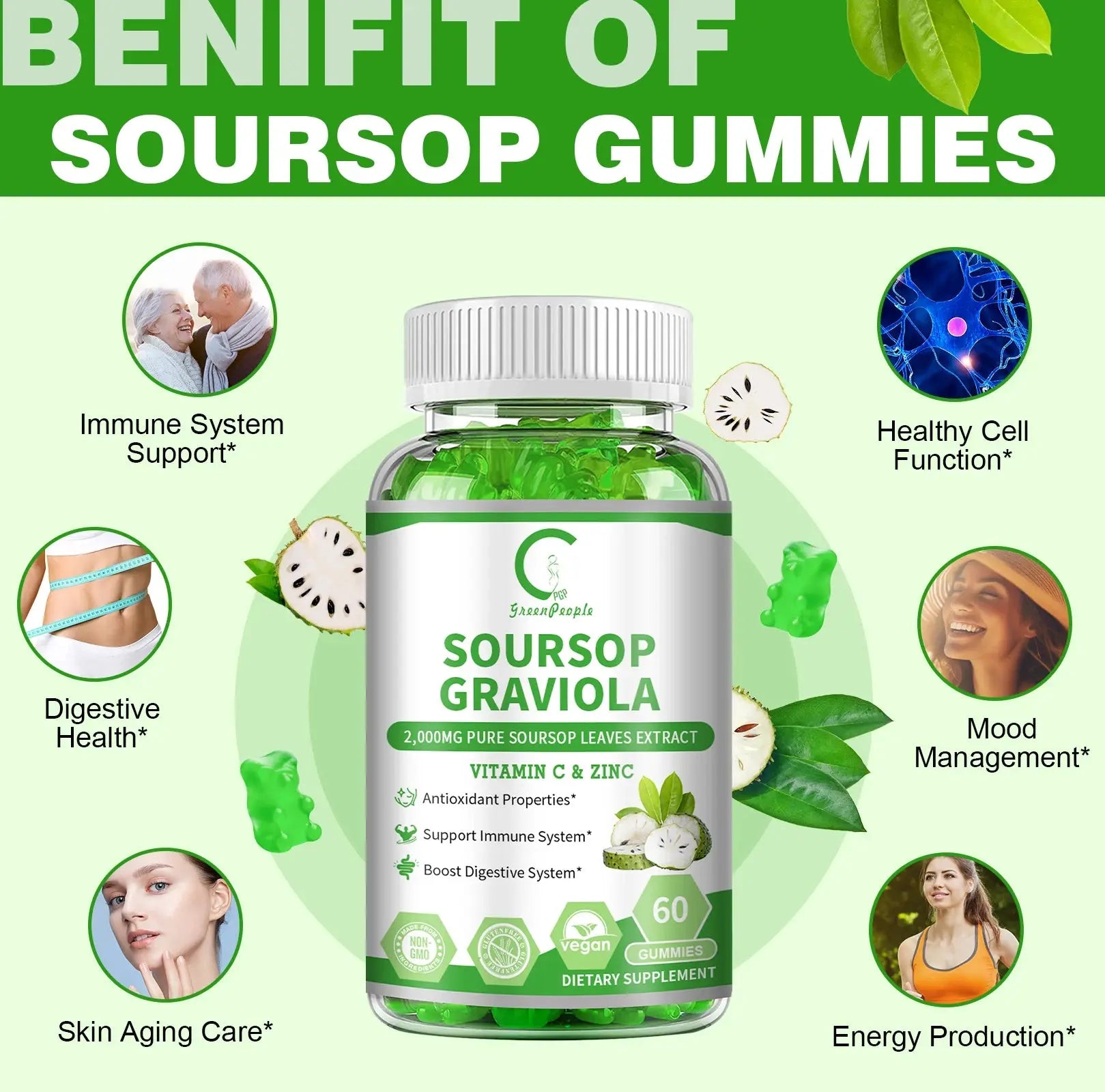 Soursop Gummies – Immunity, Digestion & Skin Health Support | Vegan, Sugar‑Free | 60 Gummies Omura Products