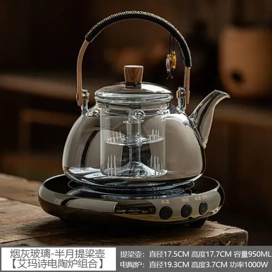 Small Glass Kettle Tea Set with Steaming Teapot and Electric Clay Stove