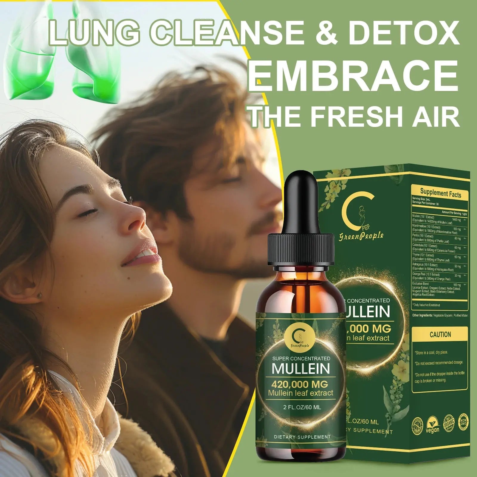 mullein lung detox Supplement bottle with packaging and text about lung cleanse and detox on a green background