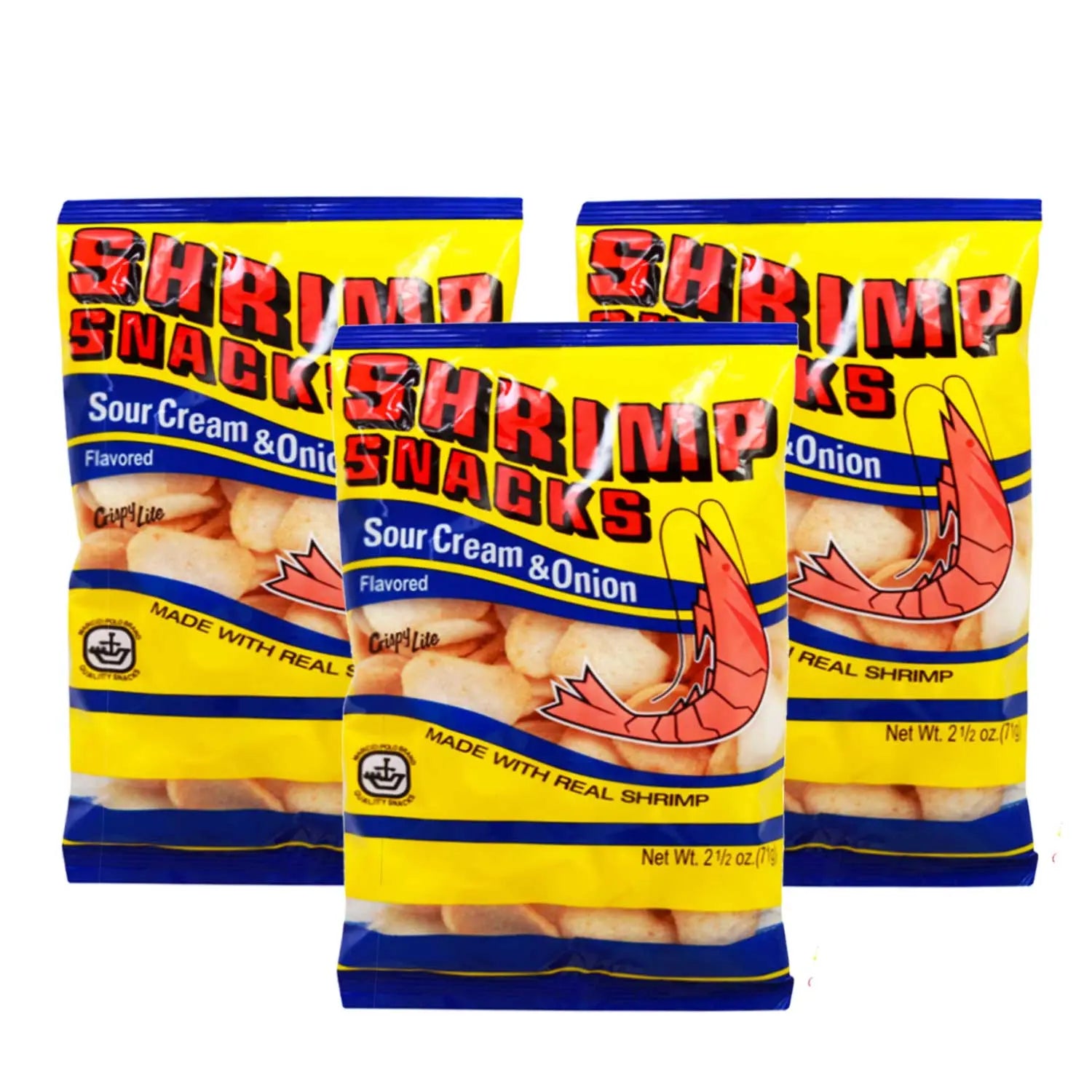 Marco Polo Shrimp Snacks | 3 Pack (2.5oz/71g Each) | Crispy Real Shrimp Chips – Original, BBQ, Sour Cream & Onion, Garlic & Onion, Cheese Omura Products