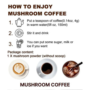 Instructions on how to enjoy mushroom coffee with images of different coffee types.