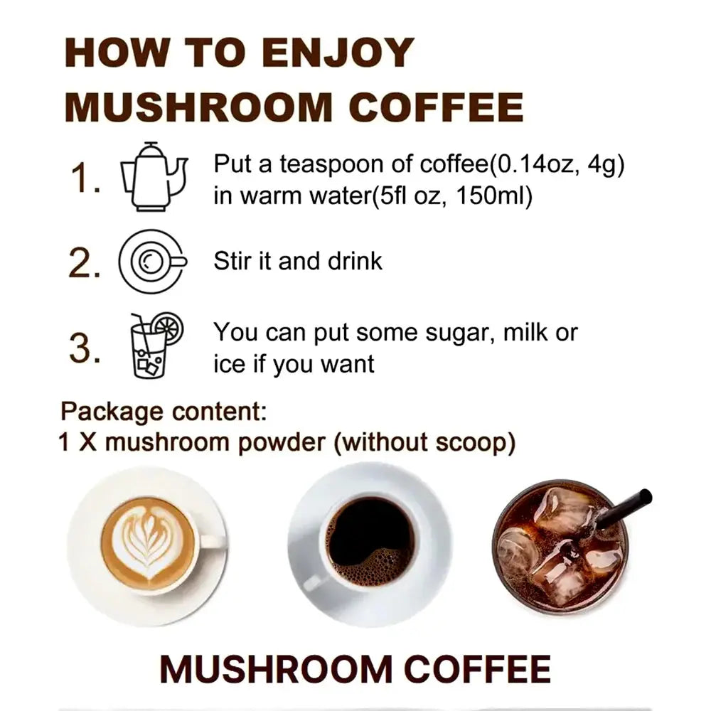 Instructions on how to enjoy mushroom coffee with images of different coffee types.