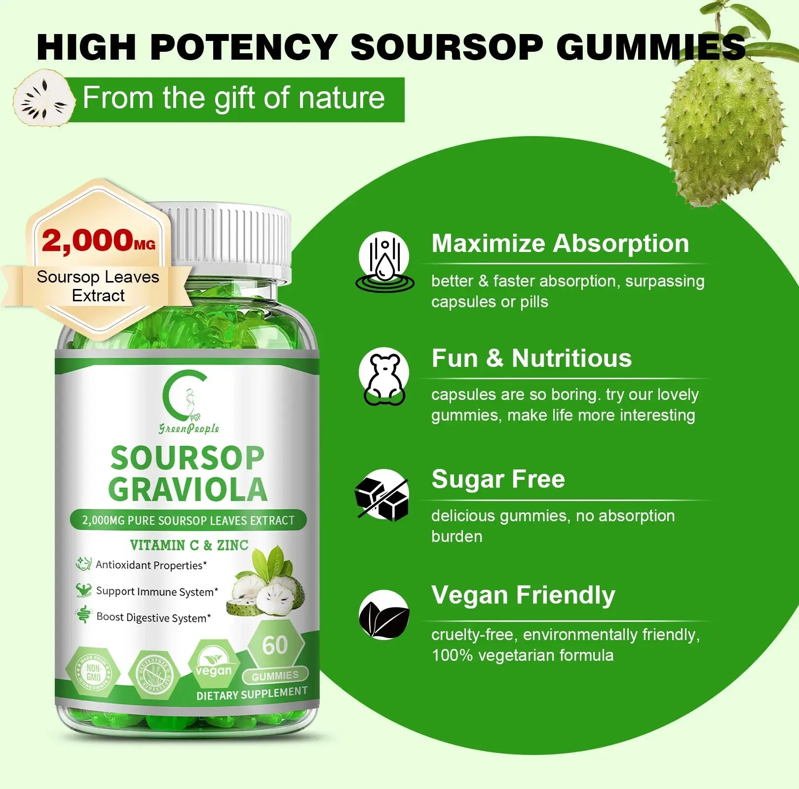 Soursop Gummies – Immunity, Digestion & Skin Health Support | Vegan, Sugar‑Free | 60 Gummies Omura Products