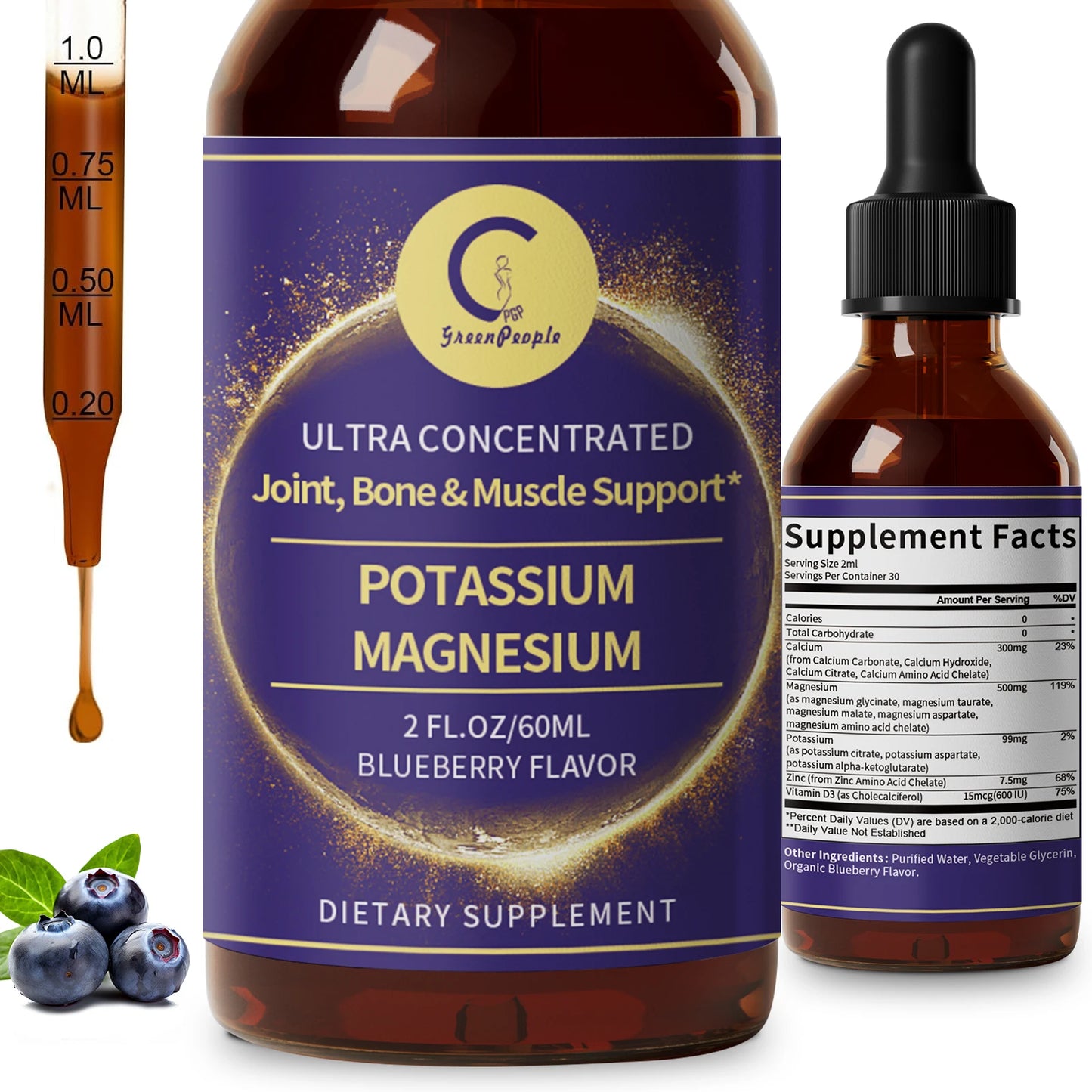 Potassium Magnesium Liquid Supplement 2 Fl oz – High‑Absorption Magnesium Complex with Potassium 99mg, Calcium, Vitamin D3 & Zinc