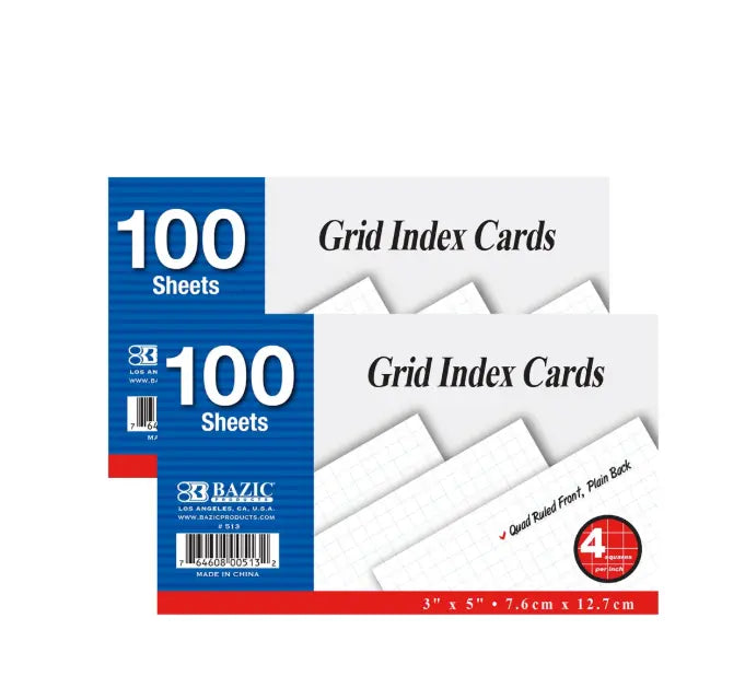 Quad Ruled Index Cards 3"X5" 100 Count, 4-1" Graph Ruled Lined Flashcards Omura Products