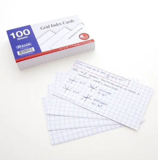 Quad Ruled Index Cards 3"X5" 100 Count, 4-1" Graph Ruled Lined Flashcards Omura Products