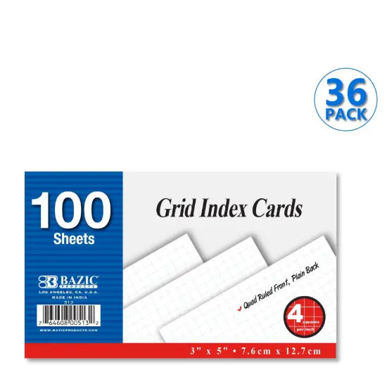 Quad Ruled Index Cards 3"X5" 100 Count, 4-1" Graph Ruled Lined Flashcards Omura Products