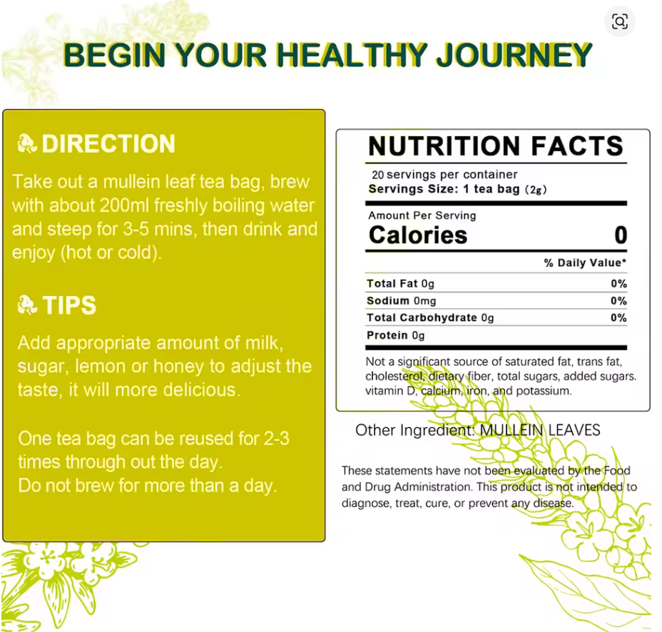 🍃 Lung Cleansing Tea | Herbal Mullein Leaf Detox Tea Bags for Respiratory Health | 15 Tea Bags