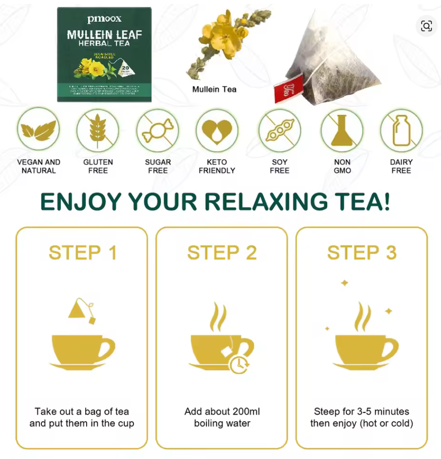 🍃 Lung Cleansing Tea | Herbal Mullein Leaf Detox Tea Bags for Respiratory Health | 15 Tea Bags