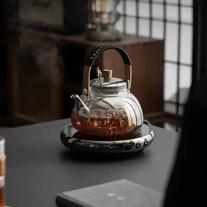 Small Glass Kettle Tea Set with Steaming Teapot and Electric Clay Stove Omura Products