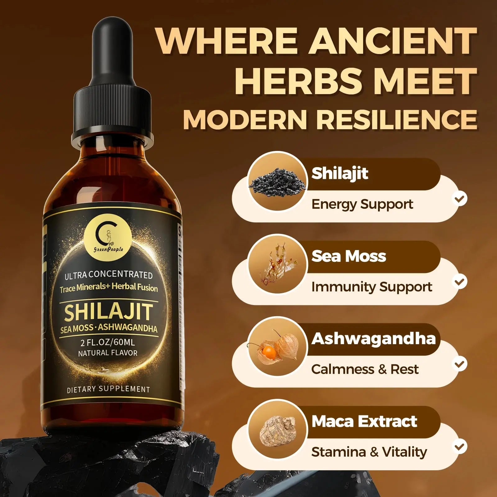 🌿 Shilajit Liquid Drops with Sea Moss, Ashwagandha, Maca & Moringa | Trace Minerals + Herbal Fusion | 60ML Natural Energy & Wellness Support Omura Products