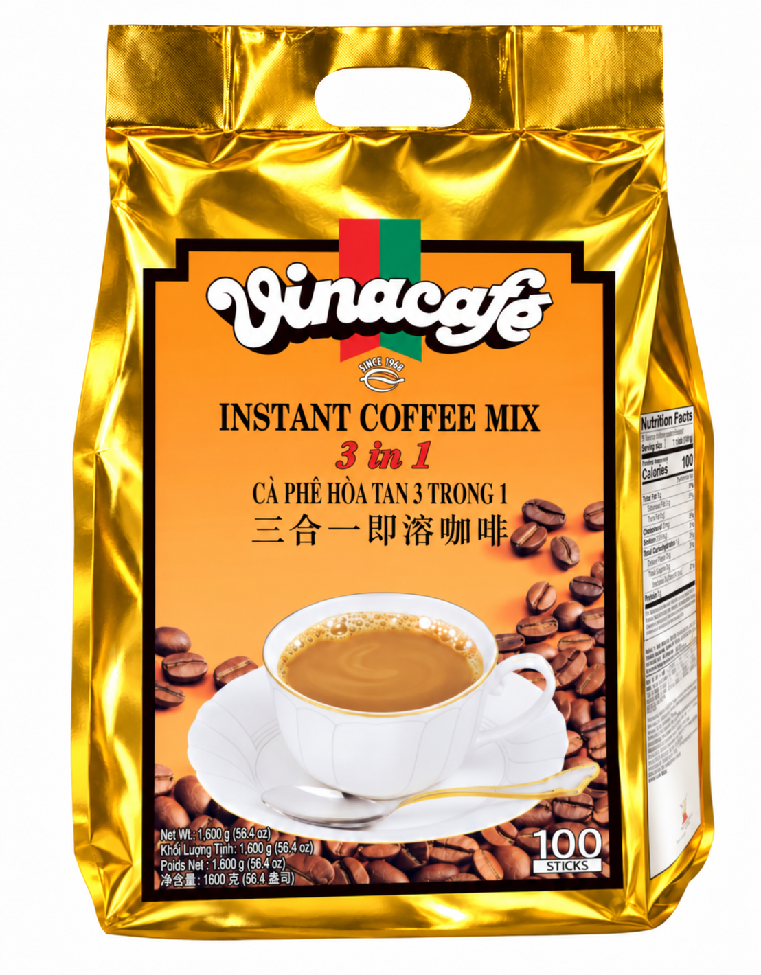 Vinacafe 3‑in‑1 Instant Coffee Mix ☕ | Naturally Caffeinated | 100 Sticks | 63.5 oz Family Pack