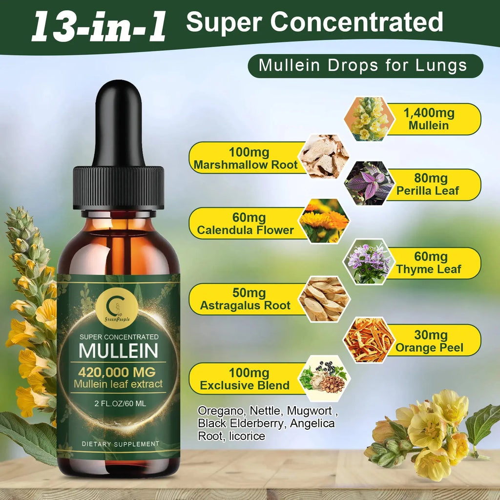 Bottle of mullein drops for lungs with ingredient list on a wooden surface