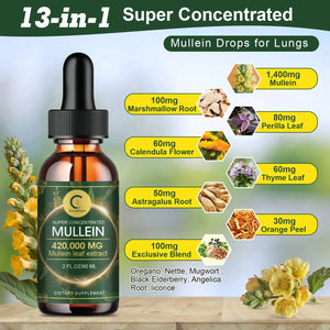 Bottle of mullein drops for lungs with ingredient list on a wooden surface