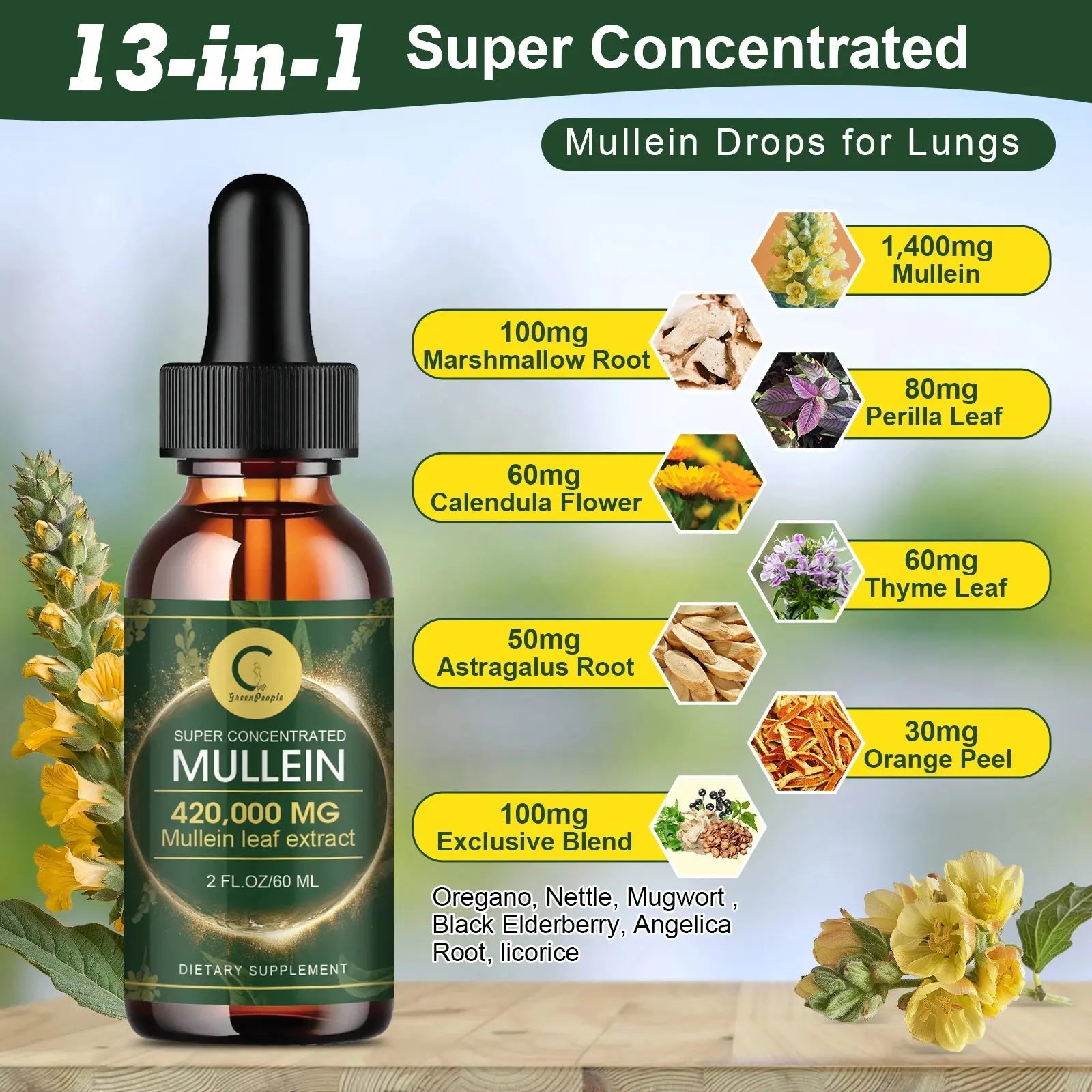 Bottle of mullein drops for lungs with ingredient list on a wooden surface