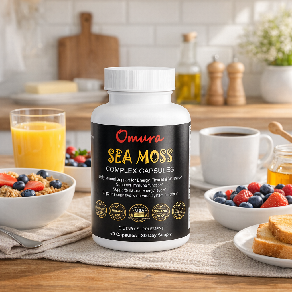 Omura sea moss complex capsules bottle on breakfast table with orange juice granola berries and coffee supporting daily mineral energy and immune wellness