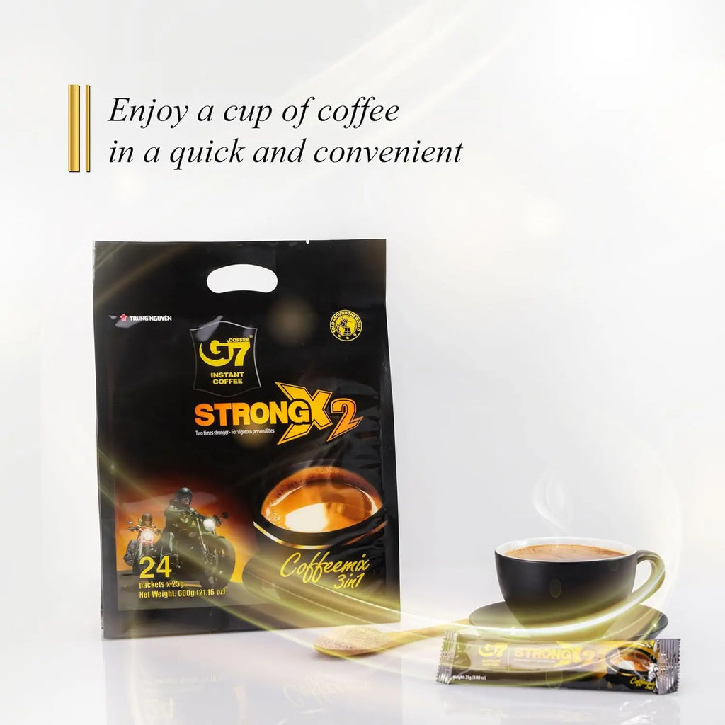 Person enjoying Trung Nguyen G7 Strong X2 instant coffee for morning energy boost Vietnamese coffee lifestyle