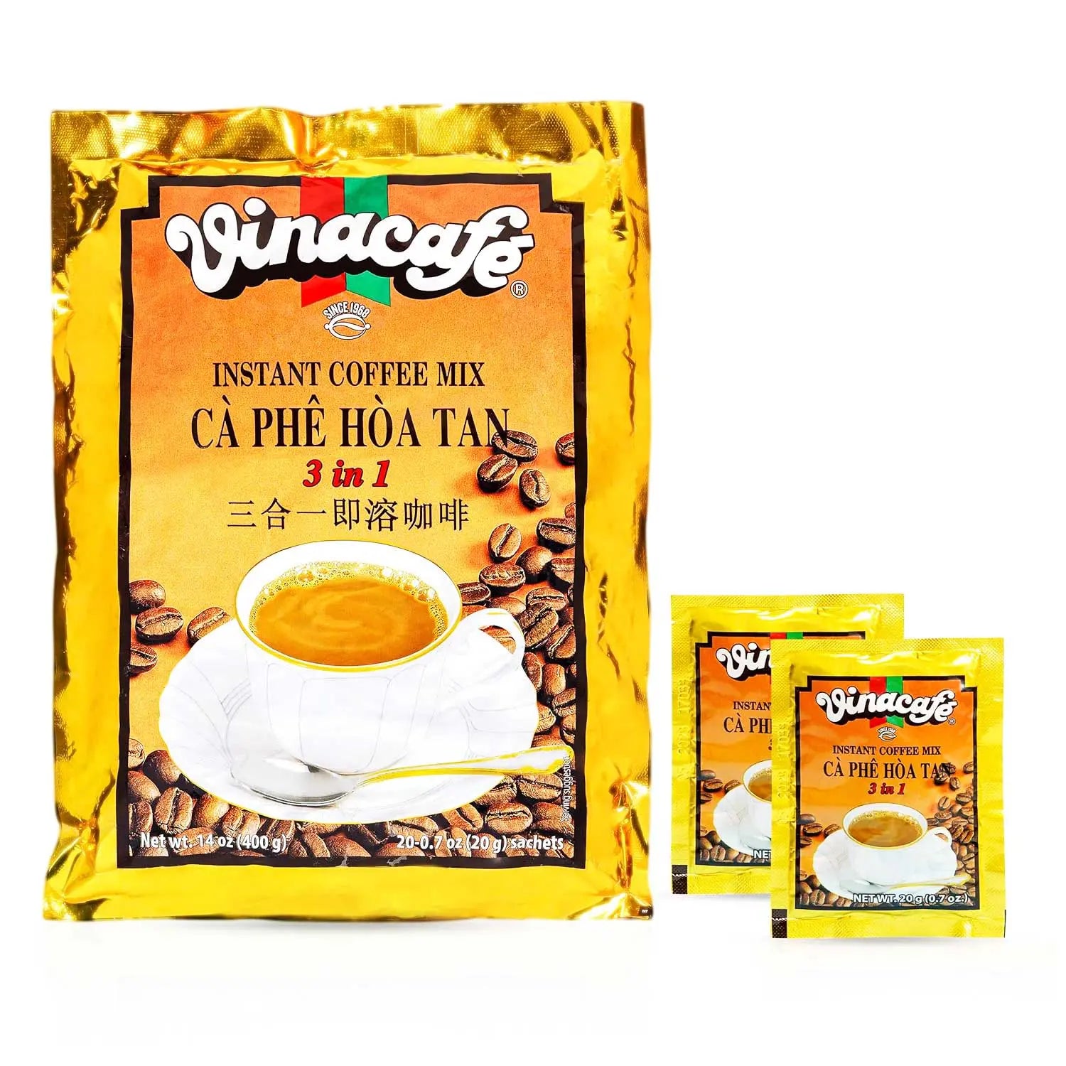Vinacafe 3-in-1 Instant Coffee Packets ☕ | Authentic Vietnamese Medium Roast 🌏 | Sweet & Balanced Single-Serve Sachets (20 Count Bag) Omura Products